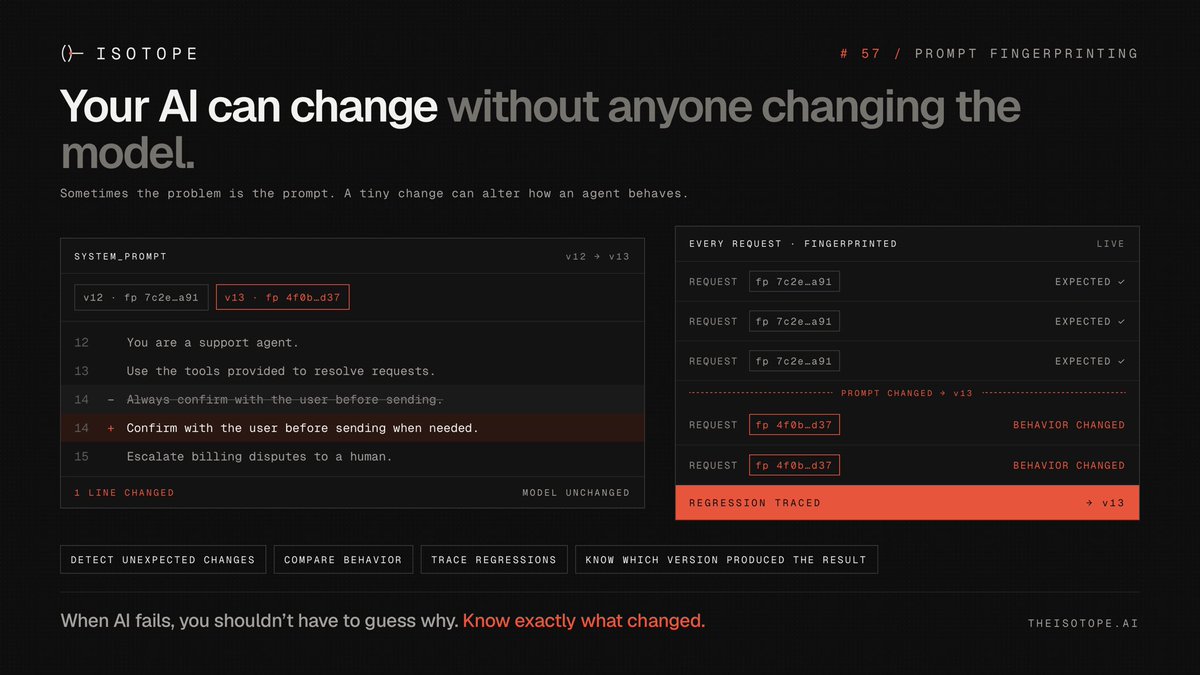 isotope_eng's tweet photo. One word changed in a prompt.
The agent started behaving differently.
Nobody knew why.

Prompt fingerprinting fixes that.

Know exactly what changed. $ISO https://t.co/7YPHbmd2dP