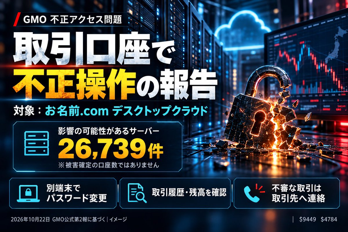 taroin_x's tweet photo. GMOの件、投資家が怖がるべきなのは「株価が下がること」だけじゃない。

自分で注文していないのに、取引口座が操作される。
そんな報告が、会社の公式発表に載っている。

FXの自動売買を使っている人は、まず自分の利用環境を確認してほしい。

GMOインターネット $4784 が提供する「お名前.com デスクトップクラウド」で不正アクセスが発生。10月22日の第２報では、顧客から取引口座の不正操作の報告を受けたと公表した。

影響の可能性があるサーバーは26,739件。
ただし、これは「26,739人の被害確定」でも「26,739口座のお金が消えた」でもない。

ここを盛ると、注意喚起がデマになる。
でも、数字を盛らなくても十分に重大だ。

今回の重要なポイントを、個人投資家の目線で詳しく整理する。

①「どこの口座か」だけでは判断できない

問題になっているのは、取引ツールを動かすクラウド環境だ。

イメージとしては、ネットの向こうに借りたパソコン。
その中で取引ソフトを使い、口座に接続している。

つまり、口座そのものの管理だけでなく、「その口座にアクセスできる環境」も確認する必要がある。

今回の発表を「GMOクリック証券の全口座が被害に遭った」と読み替えるのは誤り。
一方で、別会社の口座を使っているから無関係、とも決めつけられない。

確認すべきなのは、自分の取引ツールや認証情報が、対象サービス上で使われていたかどうかだ。

②「自分は怪しいリンクを踏んでいない」で終われない

ここが今回、個人的に一番考えさせられる部分。

投資の勉強では、銘柄選び、損切り、資金管理を学ぶ。
でも、取引環境の管理まで見直している人は、どれくらいいるだろう。

どれだけ優れた売買ルールを作っても、第三者に操作されれば、自分の想定したリスク管理が成立しなくなる。

相場で負けるリスクと、取引する権限を奪われるリスク。
この２つは、別々に考える必要がある。

③利用者が確認することは具体的

会社は、対象サービス以外の端末から、取引ツールや口座のパスワードを変更し、その後ログオフするよう要請している。

あわせて、取引履歴と残高を確認。
身に覚えのない取引は、利用している証券会社やFX会社に連絡する。

二段階認証が提供されていれば設定する。
同じパスワードを別サービスで使っていた場合は、そちらも変更する。

「あとでニュースを詳しく読もう」で止まらず、対象利用者は公式案内を確認してほしい。

なお、パスワード変更を促す偽メールにも注意が必要だ。
復旧や補償を口実にした連絡が来ても、届いたリンクをそのまま信用しない。
普段使う公式アプリや、確認済みの公式サイトから状況を確かめたい。

④株主が見るべきなのは、謝罪文の長さではない

ここからは私の見方。

GMOインターネットグループ $9449 と、サービス提供会社のGMOインターネット $4784 は、銘柄を区別して追う必要がある。

そのうえで、注目したいのは次の点。

侵入経路は特定できたか。
影響範囲はどこまで確定したか。
利用者への案内は十分か。
再開の判断には、どんな確認が必要か。
補償方針や業績への影響は、どう説明されるか。

事件が起きたという事実だけで、企業価値の変化をすべて説明することはできない。
調査、対応、再発防止、顧客の信頼まで追って、初めて判断材料がそろう。

逆に、「大手だから大丈夫」という一言で終わらせるのも難しい。
ブランドへの安心感と、個別サービスの安全確認は分けて考えたい。

⑤自動化するほど、停止時の手順も必要になる

これは今回の件から、私が持ち帰りたい教訓。

自動売買は、動いているときの便利さに目が向く。
でも、止まったときに何を確認するかも、運用の一部だ。

保有ポジションをどこで見るか。
別端末から口座を管理できるか。
問い合わせ先はどこか。
不審な操作に気づいたとき、何を記録するか。

平常時に決めておけば、トラブル時に一から探さずに済む。

便利なサービスを使うことと、すべてを任せきりにすることは違う。
仕組みを使う側にも、確認できる経路を残しておきたい。

今回、広めたいのは「GMOが危ない」という雑な一言ではない。

「対象サービスを使っていた人に、確認すべきことがある」という情報だ。

投資仲間に利用者がいたら、公式発表と一緒に共有してほしい。
利益を増やす情報と同じくらい、取引口座を守る情報にも価値がある。

$9449 $4784