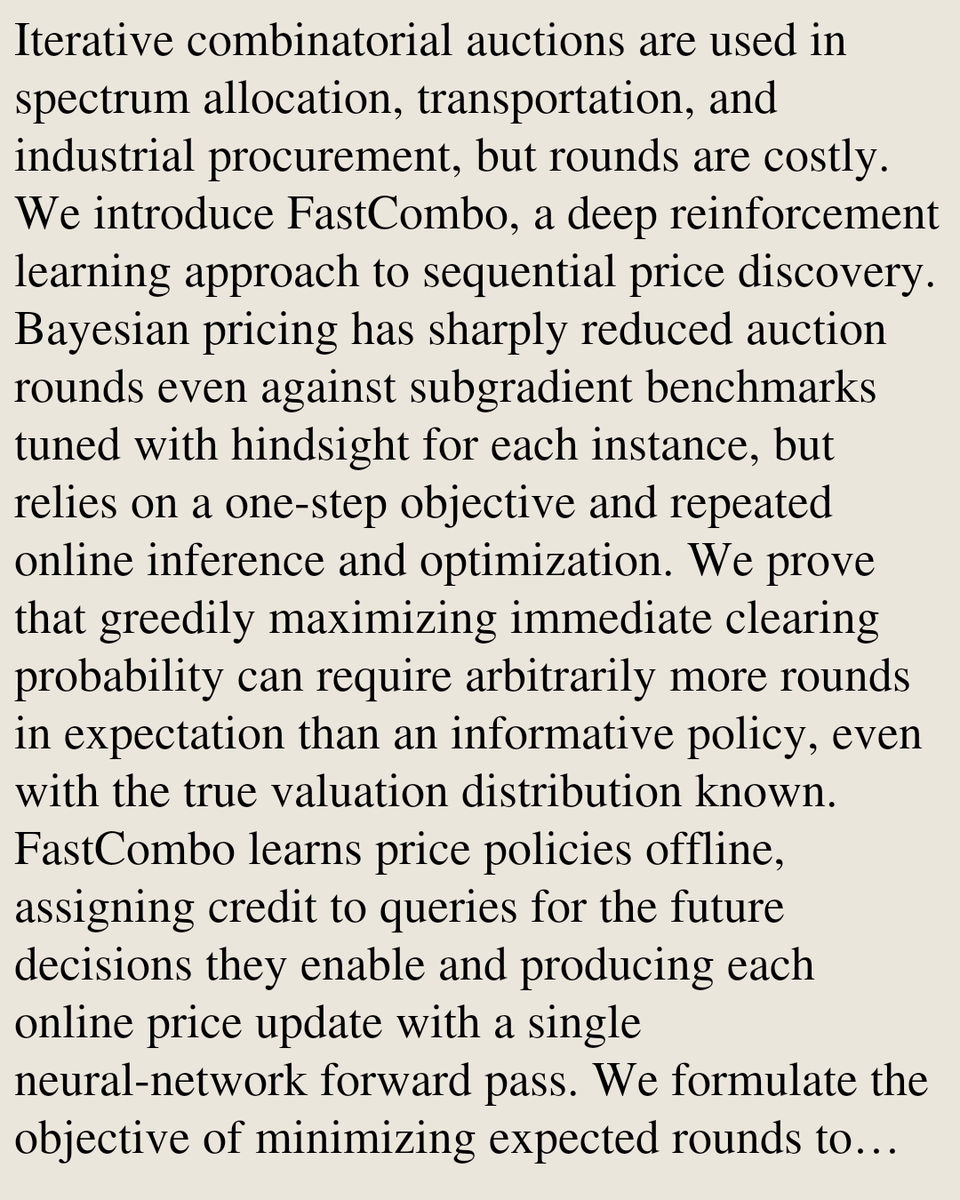 DO's tweet photo. Fast Iterative Combinatorial Auctions via Deep Reinforcement Learning

Luis F. Paul Tosta, Quinn Arnold, Gianluca Brero
https://t.co/S7SB4I0o5c [𝚌𝚜.𝙶𝚃 𝚌𝚜.𝙻𝙶] https://t.co/adB1JTPvij