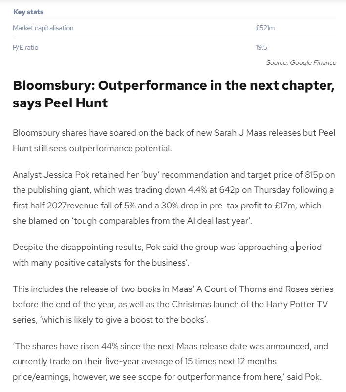 entrustTMF's tweet photo. #BMY Bloomsbury: Outperformance in the next chapter, says Peel Hunt

Analyst Jessica Pok retained her ‘buy’ recommendation and target price of 815p on the publishing giant https://t.co/6fgiZlzHaq
