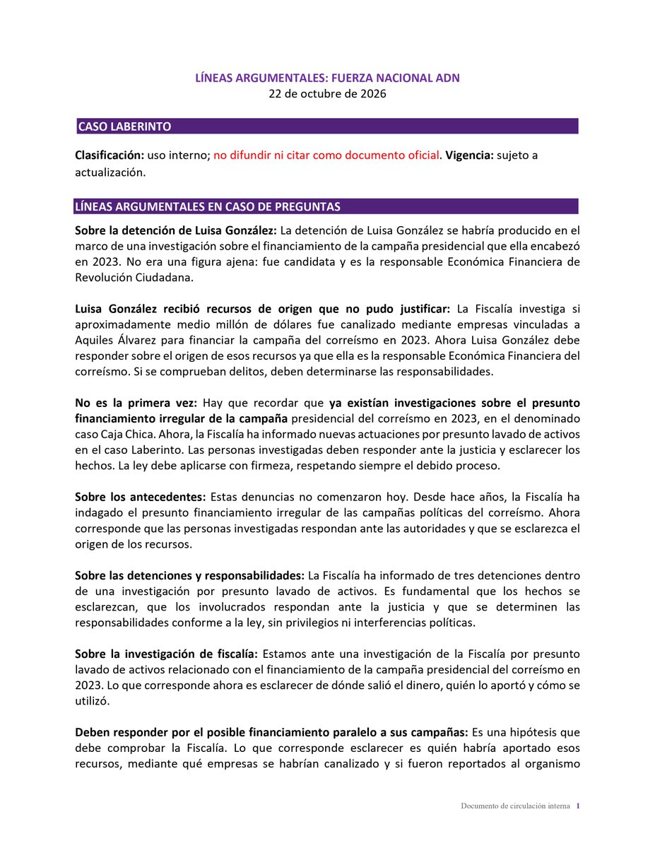 socialholico's tweet photo. Este es el “manual de líneas argumentativas” que ADN pasó a sus ministros y legisladores la noche de la detención de Luisa González. Lo tenían todo milimétricamente coordinado.

Así es como opera esta mafia 👇🏼 https://t.co/uAcXNRZYKE