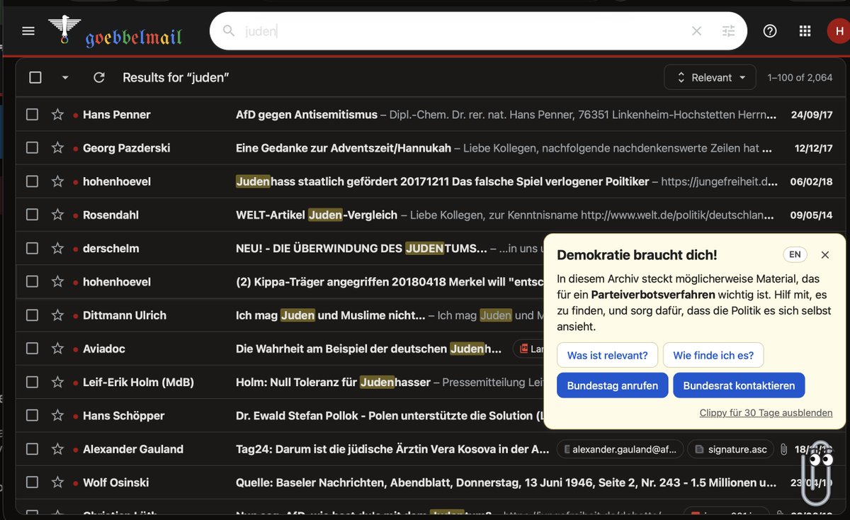 goebbelmail's tweet photo. Neu bei https://t.co/NTn3cGXvPh: 

Clippy hilft euch, potenziell relevantes Material für ein #AfD-Verbotsverfahren zu finden - und zeigt, wie ihr Abgeordnete darauf aufmerksam machen könnt. Die Ergebnisse werden auf der Seite veröffentlicht

https://t.co/E1lnB7Gg76

#AfDLeaks https://t.co/7y21sOtYf7