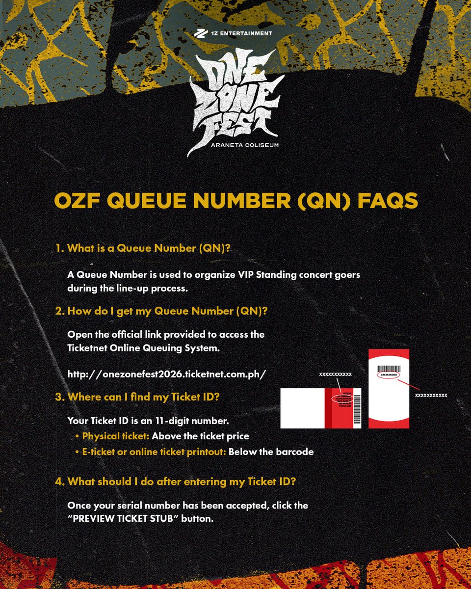 1zentertainment's tweet photo. 📣 ONE ZONE FEST: QUEUE NUMBER FAQs

Got questions about queue numbers? Check out our Queue Number FAQs for everything you need to know about the queuing process. For more details, visit the link below!

🔗 https://t.co/rDk2dNBX4n

See you in the zone! 

#OZF
#OneZoneFest
#1ZEntertainment