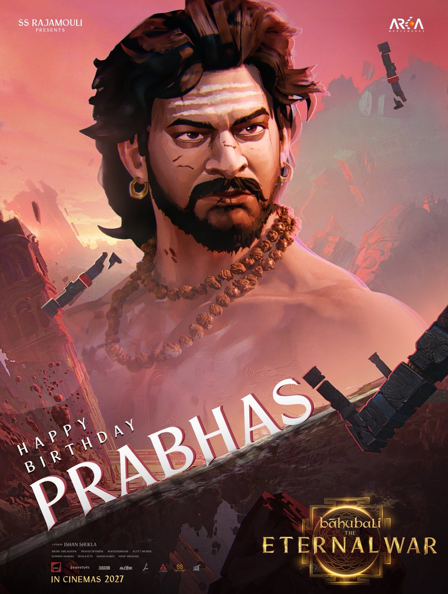BaahubaliMovie's tweet photo. Happy Birthday to our TRUE KING, #Prabhas.

Amarendra Baahubali rises again in cinemas, next year.

Jai Maahishmathi ✊🏻

#Baahubali
#BaahubaliTheEternalWar
#HappyBirthayPRABHAS https://t.co/kze4uA9rRz