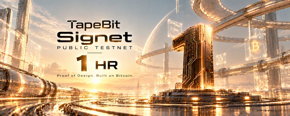 tapebitprotocol's tweet photo. 距离 TapeBit Signet 公开测试，仅剩 1 小时！

10 月 23 日 19:00（UTC+8），正式开启。

Proof of Design. Built on Bitcoin.

#BTC #TapeBit #TapeOut #UTXO #Ordinals #PoD #Mining #Signet https://t.co/kXUQMxMHj0