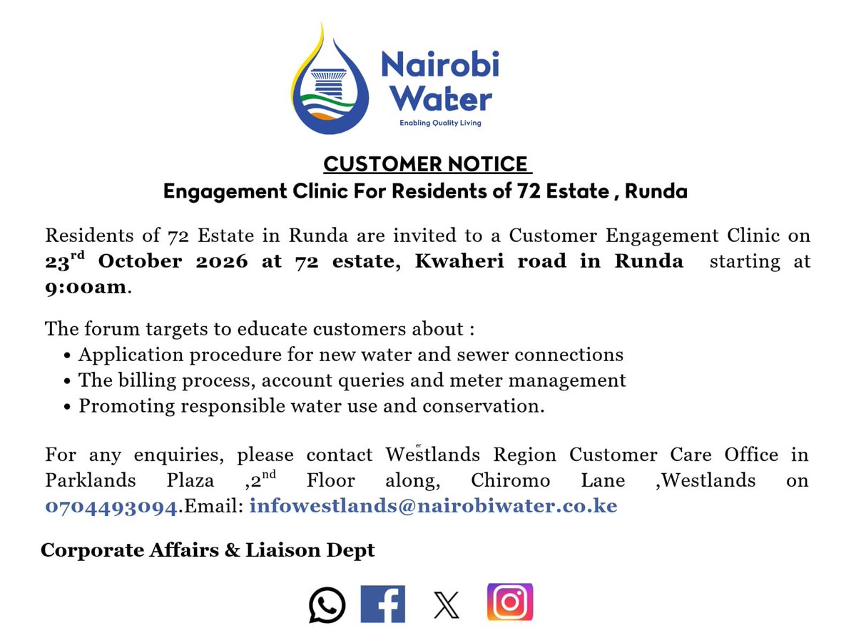 NairobiWater's tweet photo. Residents of 72 Estate, Runda, your Customer Engagement Clinic is currently ongoing , come have all your questions answered .
For enquiries , contact our Westlands office via 0704493094.
#NairobiWater #EnablingQualityLiving https://t.co/Gw2U64EEVz
