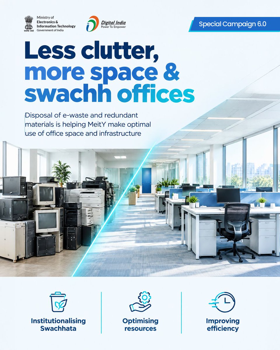 _DigitalIndia's tweet photo. Disposal of e-waste and redundant materials under #SpecialCampaign6 is helping MeitY make optimal use of office space and infrastructure.

#SwachhBharat #Swachhata https://t.co/ovIKyAYTcy