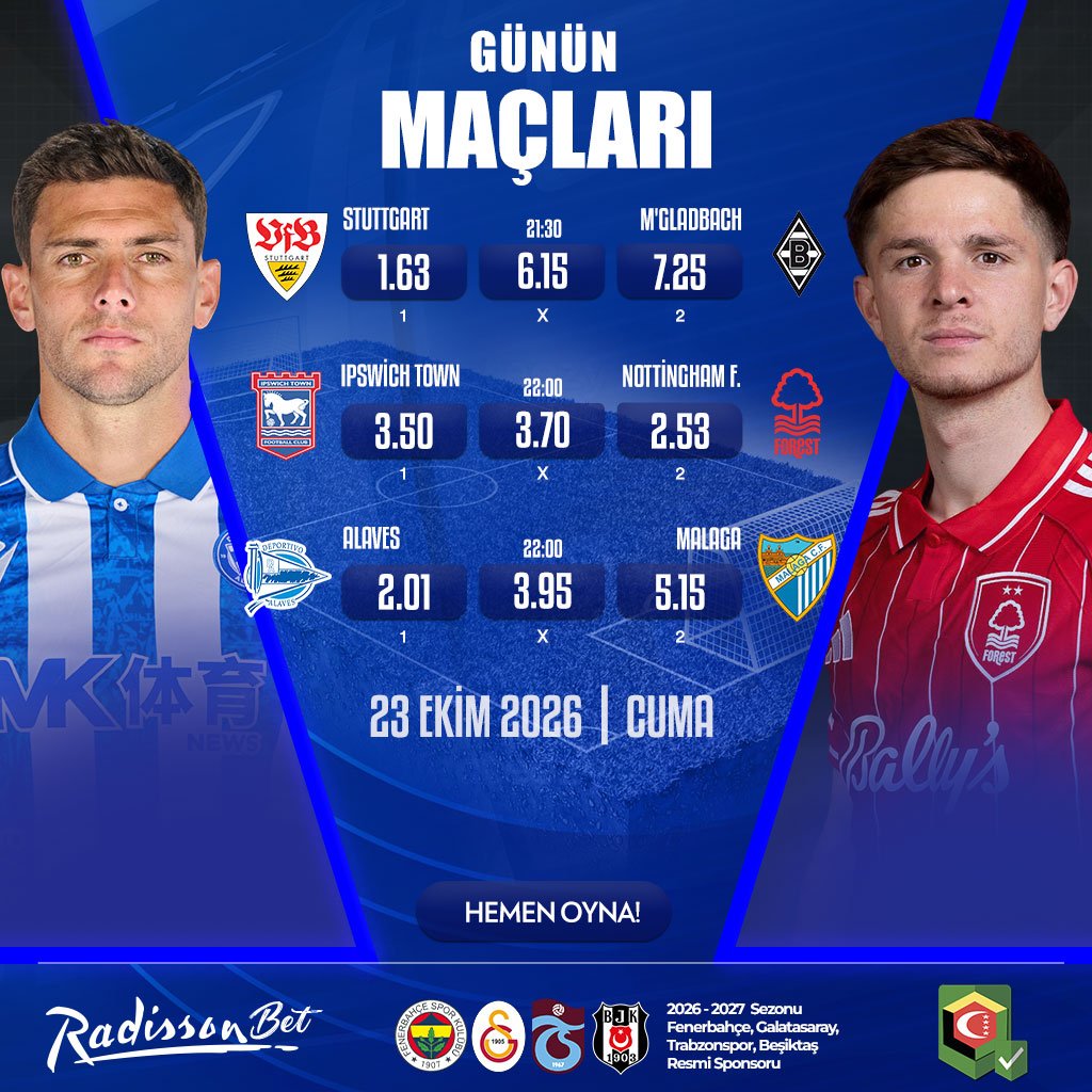 xlRadissonl's tweet photo. 🏆Tüm Maçlar En Yüksek Oran ve Bonuslar İle #RadissonBet'te!

⚽️Stuttgart - M'gladbach
⚽️Ipswich Town - Nottingham F.
⚽️Alaves - Malaga

✔️#Radissonbet'te Günlük ''Yarım Milyon Dolar'' Çekim İmkanı! https://t.co/ikRDeSZJZa