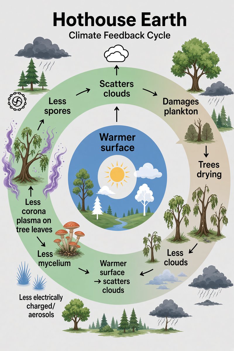 peakaustria's tweet photo. Cloud feedback of less Sulfur Aerosol is known, but that a warmer surface scatters clouds ☁️ over the Ocean 🌊 and land is little known - also the role of plants and plankton to make their own rain and shadow. Tried to make a graph with some prompting https://t.co/qlZcd48AGp