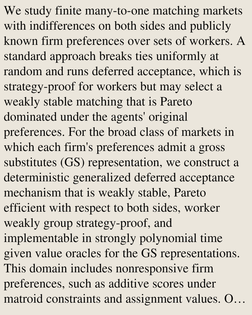 DO's tweet photo. A Weakly Group Strategy-Proof and Pareto-Stable Matching Mechanism with Two-Sided Indifferences under Gross Substitutes

Yasushi Kawase, Ryosuke Sato
https://t.co/cNABdwMcv4 [𝚌𝚜.𝙶𝚃 𝚎𝚌𝚘𝚗.𝚃𝙷] https://t.co/6oJ5lrW3GC