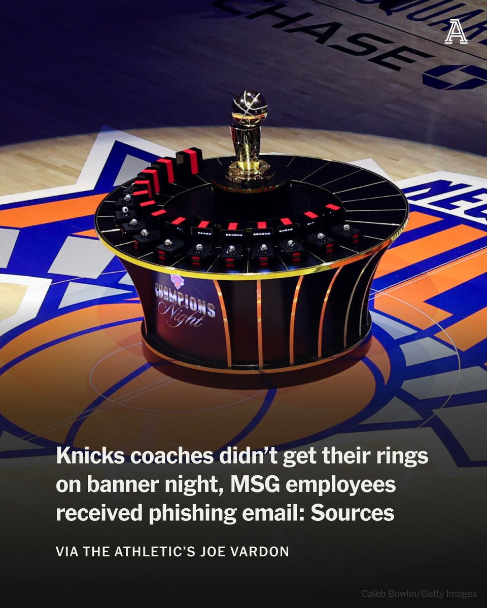 TheAthletic's tweet photo. The Knicks' assistant coaches did not receive their championship rings during Tuesday's ceremony, despite being handed ring boxes, according to league sources.

Many longtime employees at Madison Square Garden will not receive rings at all, per team sources.

Those employees got their hopes up in late September, when they were sent a fake championship ring offer as part of a phishing test.

https://t.co/CitRwUv4bJ