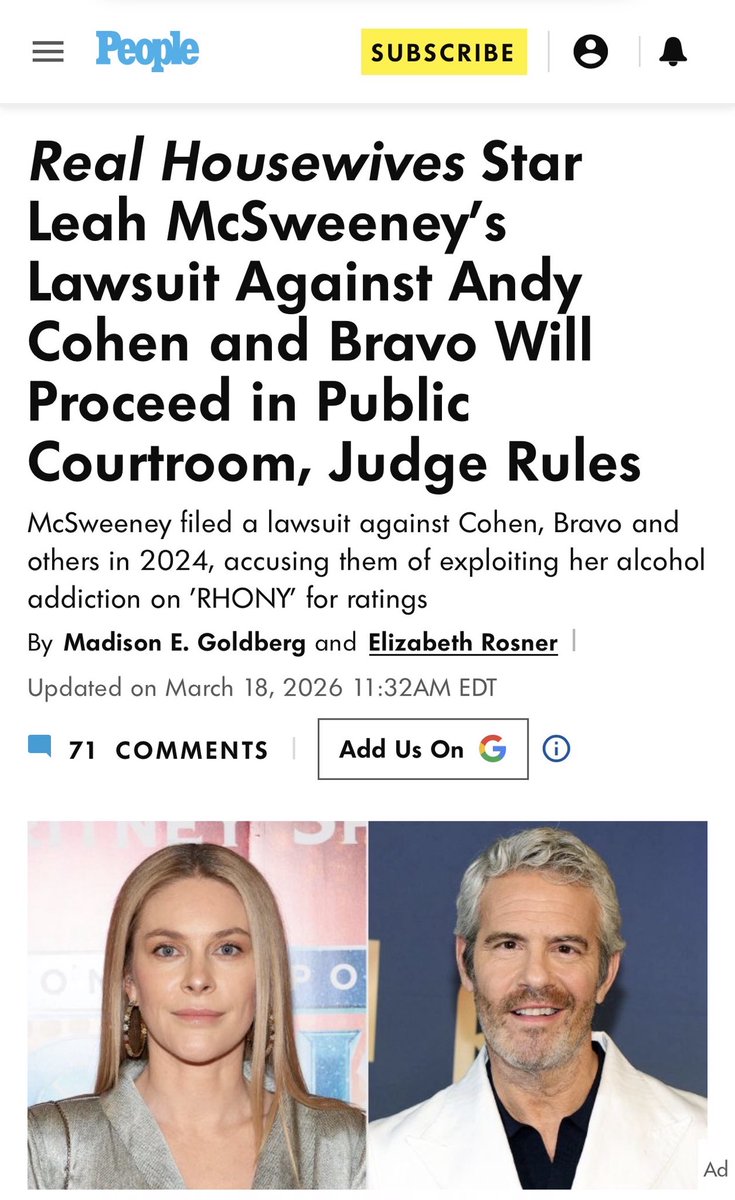 CarmellaBigBarb's tweet photo. Hay @Andy let’s talk about your misconduct, shall we! let’s talk about the lawsuits! The alleged sexual harassment! The alleged drug abuse! And the racism claims following you you shouldn’t be talking about no one’s behavior you need to be worrying about your own!

Brandi Glanville: The former Real Housewives of Beverly Hills star sent a legal letter accusing Cohen of sexual harassment, claiming he sent an inebriated 2022 FaceTime invitation/video where he boasted about plans to sleep with another Bravo star. Cohen's team stated it was a private, joking interaction with Kate Chastain, though he later offered an apology! 

She only dropped the lawsuit and recanter her story because you threatened her livelihood, and you threaten to kick her off the show and have her blackballed from any other show!

Leah McSweeney: The former Real Housewives of New York City star filed a civil lawsuit alleging a "rotted" workplace culture, claiming Cohen and the network promoted substance abuse, used cocaine with employees, and plied her with alcohol despite her sobriety efforts!