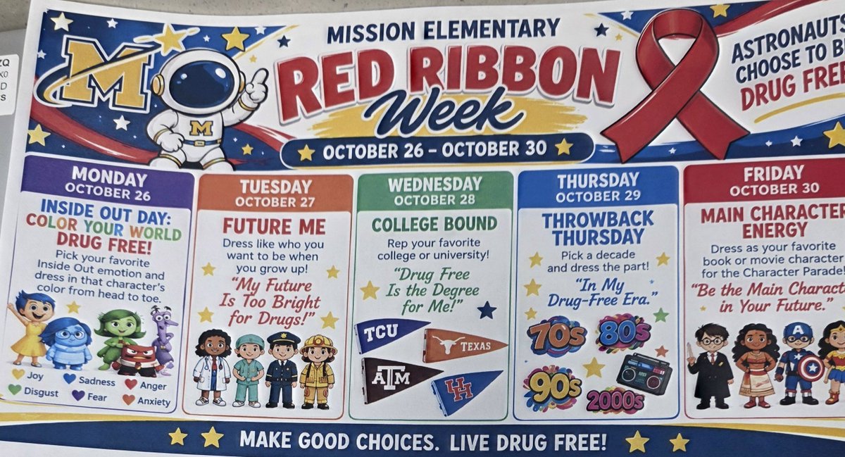 MSE_Astronauts's tweet photo. Next week, Mission Elementary is blasting off into Red Ribbon Week! 
Join us as we celebrate making healthy choices, staying drug-free, and building a bright future! Be Happy. Be Healthy. Be Drug-Free!  ❤️ 
#DrugFreeLooksLikeMe 
@MarionThomasTX @S_Rod33 @primarily_mowry https://t.co/TBZf5xtvNj