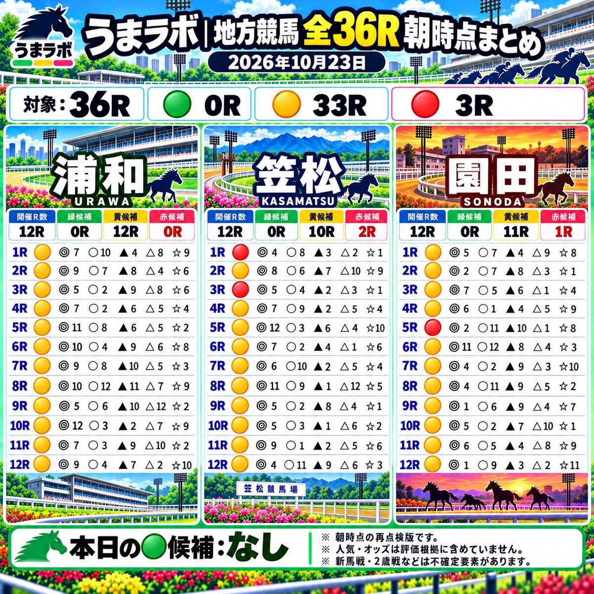umarabo_jp's tweet photo. 🏇【うまラボ｜10/23 地方競馬 全36R】

本日は浦和・笠松・園田の3場を分析📊

🟢 高信頼：0R
🟡 注意：33R
🔴 見送り：3R

全36Rの◎○▲△☆を公開！

有力馬がいても、レース自体の信頼性が高いとは限りません。

🟢を無理に作らず、見極めることも大切。

各レースの印評価は画像をチェック👇

#うまラボ #地方競馬 #競馬予想 #競馬分析 #浦和競馬 #笠松競馬 #園田競馬