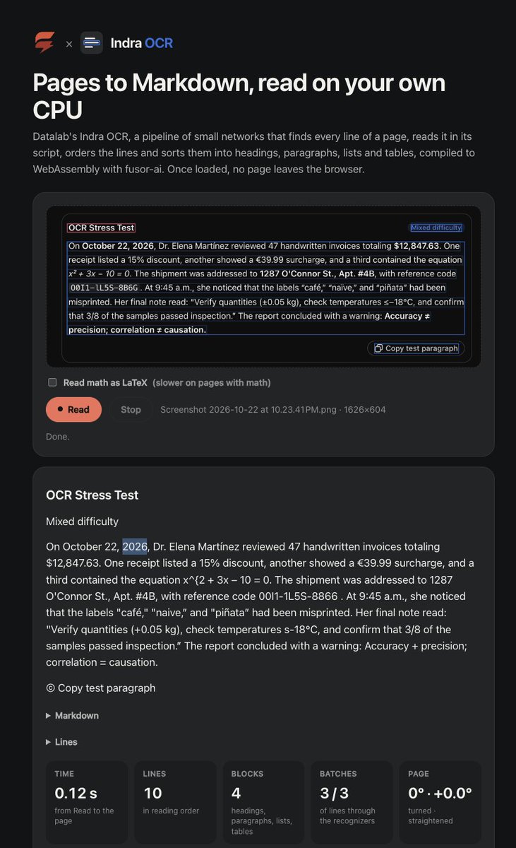 apirela_dev's tweet photo. I think I just found the fastest OCR model I've ever tested.

Running OCR entirely in the browser with WebAssembly and Fusor AI (@fusor_rs).

Same benchmark. Wildly different results:

🐢 PaddleOCR (@PaddlePaddle): 20 seconds

⚡ OXR (@somarkai): 5 seconds

⚡ ⚡⚡⚡⚡⚡Indra OCR (@datalabto): 0.12 seconds

That's ~42x faster than OXR and ~167x faster than PaddleOCR.

All running on WASM.

This is insane.
