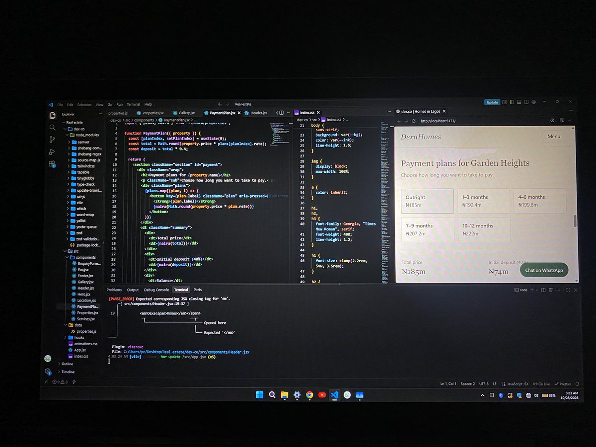 SamuelNich9356's tweet photo. It’s 3:30am guys still pushing 

Day 33 of #100DaysofCode done ✅ 

And I finished working on the payment plan section of the page. 

I fully utilize the useState hook I learnt from my previous lessons on react. 

I am getting to enjoy building with react 🙂‍↔️

On to day 34💪 https://t.co/rQyvRU2WAu