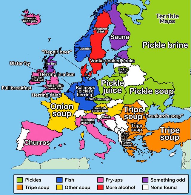 simongerman600's tweet photo. This map shows popular hangover cures across Europe. In Germany I was brought up with  the concept of the repair beer (Konterhalbe) as well. The Spanish are clearly the wisest drunks in Europe: Churros are fatty and delicious. HT @terriblemaps https://t.co/6uSFD406I6