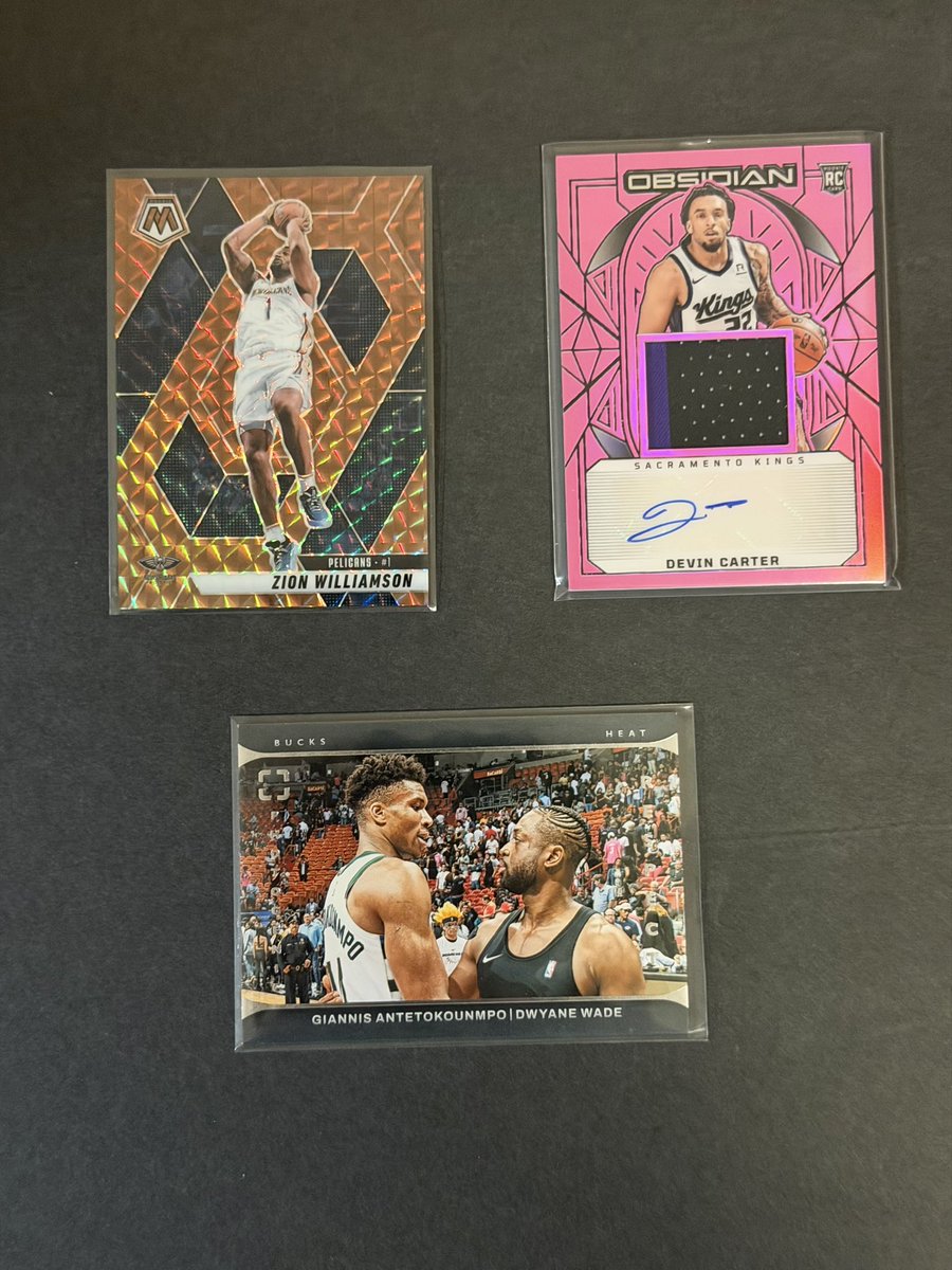 sportscardsMB's tweet photo. Stack Sale #stackem #TheHobby
Shipping info on Pinned Tweet

$15 Zion /75
$13 Carter /49 RPA
$18 Giannis/Wade

@sports_sell @84baseballcards @HobbyRetweet_ #sportscards #sportscardsforsale https://t.co/uzuyfTvw1V