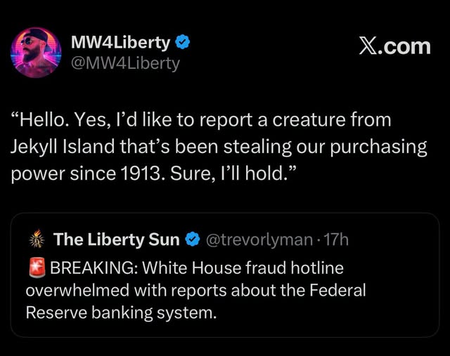 LPofCT's tweet photo. White House fraud hotline

overwhelmed

with reports about the Federal Reserve banking system.

🇺🇸

@trevorlyman @MW4Liberty @LPNational https://t.co/ckQONacktl