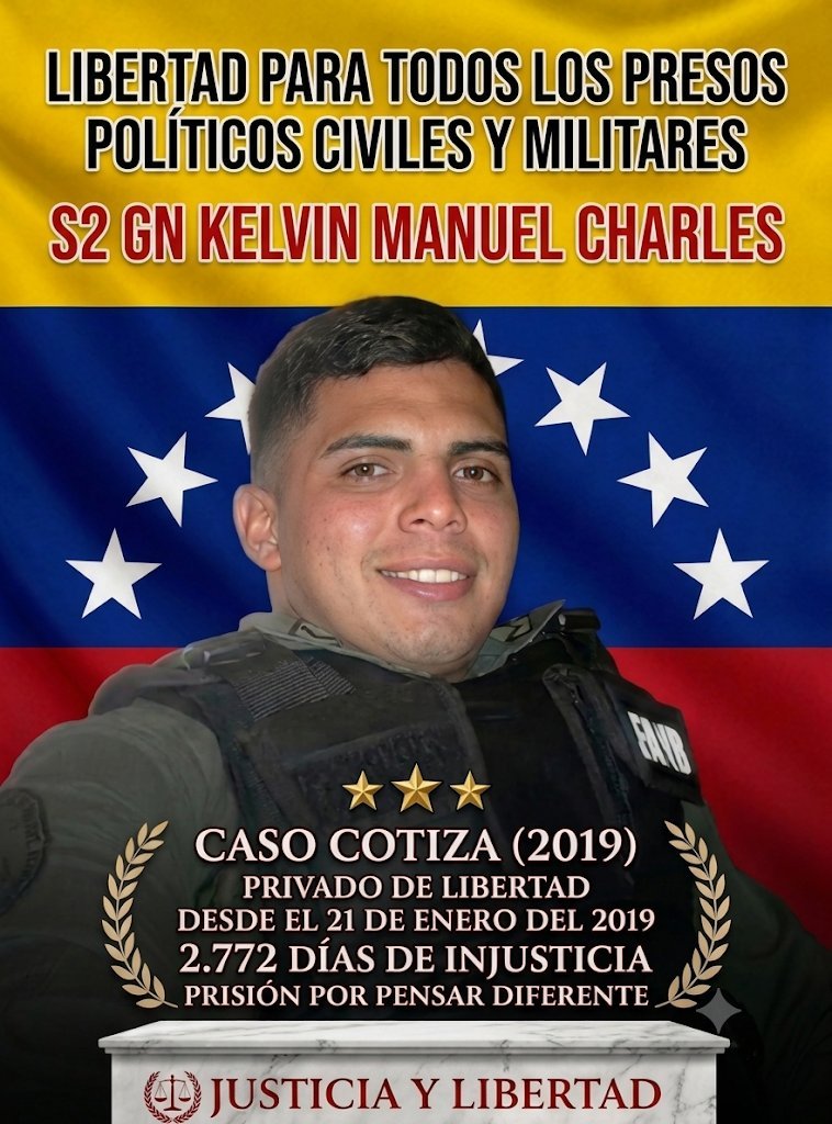 tiafatimasaleh's tweet photo. KELVIN CHARLES
Srgto 2 (GNB)

Lleva más de 7 años y 9 meses privado de libertad junto a los  24 sargentos de la GNB del alzamiento de Cotiza (2019) siguen detenidos.

Caso cotiza.

En abril les anularon el marco militar, les cambiaron la calificación a tribunales ordinarios y los pasaron a juicio por “traición a la patria”. 

Ahora exigen boletas de excarcelación porque la pena ya fue cumplida.

Mantenerlos tras las rejas es retención arbitraria y violación flagrante del debido proceso.

¡Libertad inmediata para Kelvin Charles y todos los sargentos de Cotiza!

#LibertadParaKelvinCharles
#CasoCotiza
#PresosPolíticos
#LibertadYa