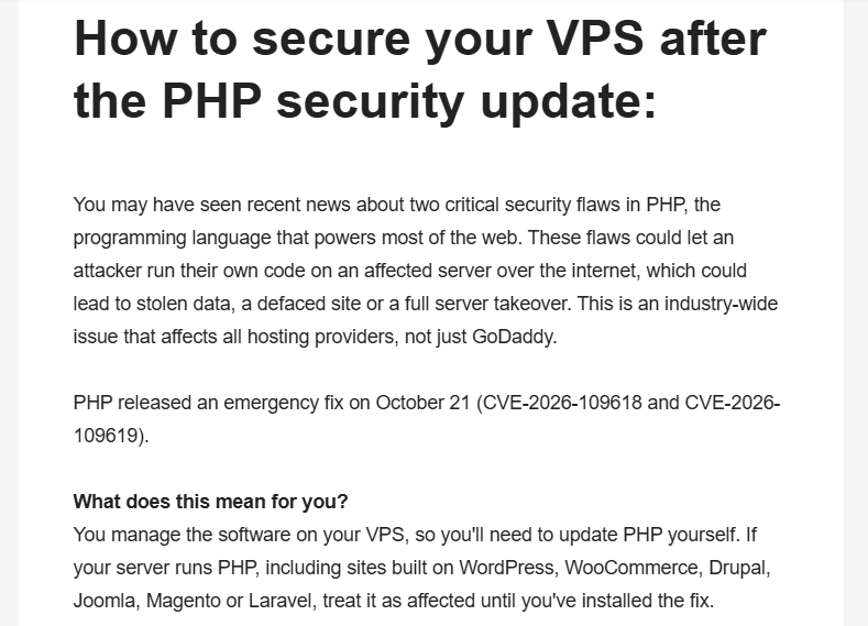 YoungbloodJoe's tweet photo. Did anyone expect @GoDaddy to do right during the PHP2Shell crisis? 

A client who manages their own VPS but is on vacation just got this message. 

GoDaddy refuses to install the patch for them. 

Despicable. https://t.co/uwtH6WZYAt