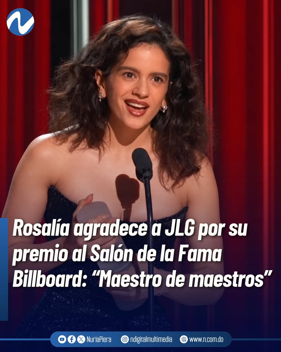 nuriapiera's tweet photo. La cantante española Rosalía agradeció de corazón al dominicano Juan Luis Guerra por entregarle el Premio Billboard Salón de la Fama durante la ceremonia de los Premios Billboard de la Música Latina 2026, en un emotivo discurso en el que definió al merenguero como un “maestro de maestros” y reconoció la influencia de su música en su vida y carrera.

“Juan Luis, yo te quiero dar las gracias de corazón por el enorme, increíble honor que es para mí estar recibiendo esto de tus manos esta noche”, expresó Rosalía al recibir la distinción, antes de confesar que las canciones del intérprete dominicano la han hecho llorar, bailar y sentirse viva. #NDigital
