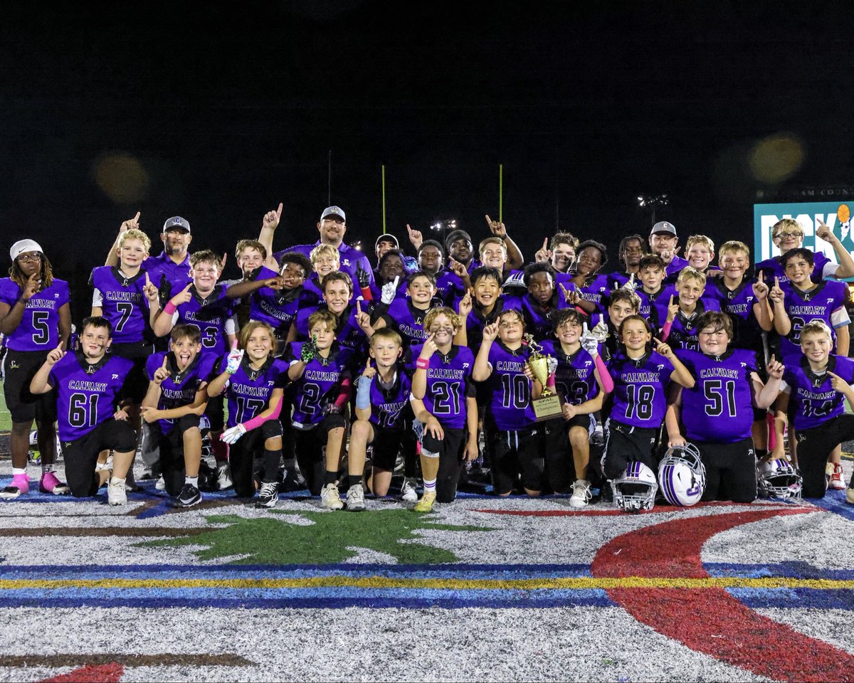 Cavalier_Sports's tweet photo. Paint the 912 purple 🟣 — Calvary sweeps the SPAL Football Championships! 🏆

5th/6th beats Hancock 41-24, and 7th/8th outlasts St. James 12-6 in a big night under the lights at Memorial Stadium.

Great night to be a Cavalier! #GoCavs https://t.co/a7bWQ04CTf