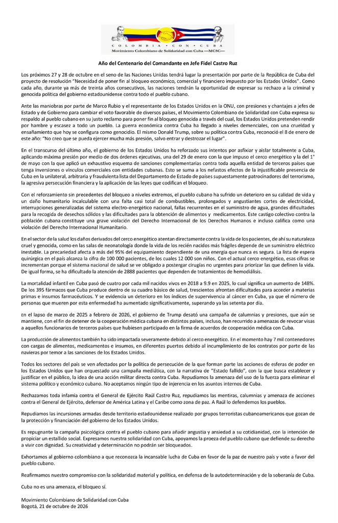 siempreconcuba's tweet photo. 🇨🇴🇨🇺 El Movimiento Colombiano de Solidaridad con #Cuba respaldó el reclamo cubano ante la ONU y denunció las presiones de Marco Rubio para cambiar el voto de varios países. "La guerra económica ha llegado a niveles demenciales; se configura como genocidio”✊❤️ 

#CubaNoEstáSola https://t.co/Th3GCIixz6