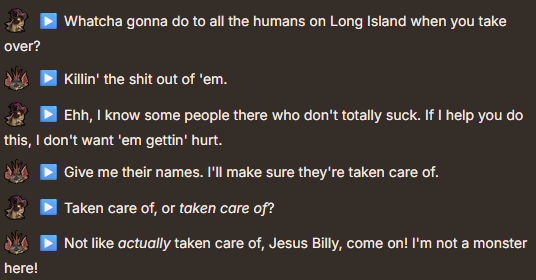 kaythedra's tweet photo. @Claire122195 except the ones that billy cares about, and any others that he may have been asked to allow to leave that aren't explicitly mention in voicelines. if they don't leave, yeah he's and i quote, killin'  the shit our of em. https://t.co/zKQKF8ftuK