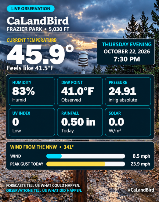 CaLandBird's tweet photo. 🌧️🌲 CaLandBird Weather | Thursday Evening Outlook
October 22, 2026 | Frazier Park, California | 5,030 Ft
Good evening from Frazier Mountain!
What an exciting couple of days of mountain weather! Our CaLandBird weather station continues to document the changing conditions as our October storm moves through the region.
After another day of rain, cool temperatures, and gusty winds, we're ending Thursday evening with 0.50 inches of rainfall recorded today and a monthly total of 1.56 inches.
📡 CURRENT CONDITIONS | 7:30 PM

🌡️ Temperature: 45.9°F
🍃 Feels Like: 41.5°F
💧 Humidity: 83%
💧 Dew Point: 41.0°F
🌬️ Wind: NNW (341°) at 8.5 mph
💨 Current Gust: 9.4 mph
💨 Peak Gust Today: 23.9 mph
🌡️ Absolute Pressure: 24.91 inHg
🌧️ Rainfall Today: 0.50 inches
🌧️ Storm Event Total: 1.48 inches
🌧️ Monthly Rainfall: 1.56 inches
🌧️ Yearly Rainfall: 1.56 inches
☀️ UV Index: 0
☀️ Solar Radiation: 0.0 W/m²

🌡️ THURSDAY'S WEATHER HIGHLIGHTS

High Temperature: 52.5°F
Low Temperature: 40.6°F
Highest Humidity: 98%
Lowest Humidity: 57%
Peak Wind Gust: 23.9 mph

🌧️ RAINFALL | AN OCTOBER STORM TO REMEMBER
Our station has recorded:

• Wednesday, October 21: 0.78 inches
• Thursday, October 22: 0.50 inches as of 7:30 PM
• Current storm event total: 1.48 inches
• October rainfall total: 1.56 inches
These are measurements from our station at 5,030 feet. Rainfall totals may differ throughout Frazier Park, Lebec, Gorman, Pine Mountain Club, and the Grapevine.
💨 WIND & TEMPERATURE CHANGES
Our winds have shifted through several directions during this storm.
This evening, winds are coming from the north-northwest at 8.5 mph, with today's highest recorded gust reaching 23.9 mph.
Temperatures remain chilly at 45.9°F, with a feels-like temperature of 41.5°F.
Humidity has decreased from yesterday evening's 98% to 83%, while absolute barometric pressure has risen from 24.82 to 24.91 inHg.
🌙 TONIGHT'S OUTLOOK
As the storm system moves through and away from our mountain communities, we'll continue watching for additional showers, changing winds, and falling temperatures.
With the ground already saturated in places, additional rainfall could still create localized drainage problems.
We'll also be watching for official updates affecting mountain roads and the I-5 Grapevine.
⛰️ GRAPEVINE & MOUNTAIN ROAD WATCH
Please remain alert for standing water, loose rocks, mud, and debris on mountain roads, especially near steep slopes and previous wildfire burn scars.
Road conditions can change quickly following periods of heavy rainfall.

🚗 Caltrans QuickMap:
https://t.co/o3tP415jm7

🌧️ National Weather Service Hanford:
https://t.co/Vh6DRG0yTc
🌧️ National Weather Service Los Angeles:
https://t.co/JI35r8xgQ5
📡 OUR WEATHER STATION JOURNEY
We officially launched our CaLandBird weather station on October 5, and less than three weeks later, we're already documenting our first significant fall storm!
Every rainfall measurement, wind gust, temperature change, and observation becomes part of our growing weather history here on Frazier Mountain.

And we're just getting started!
🌲 Forecasts tell us what could happen. Observations tell us what did happen.

There is always something to discover, if we never stop looking.

Wishing everyone a safe, warm, and peaceful Thursday evening from Frazier Mountain! 🩷🌧️
#CaLandBird #CLBLP #FrazierPark #FrazierMountain #Grapevine #Lebec #Gorman #PineMountainClub #LosPadresNF #CAwx #California #MountainWeather #Rainfall
@NWSHanford @ecowittweather @CaltransHQ