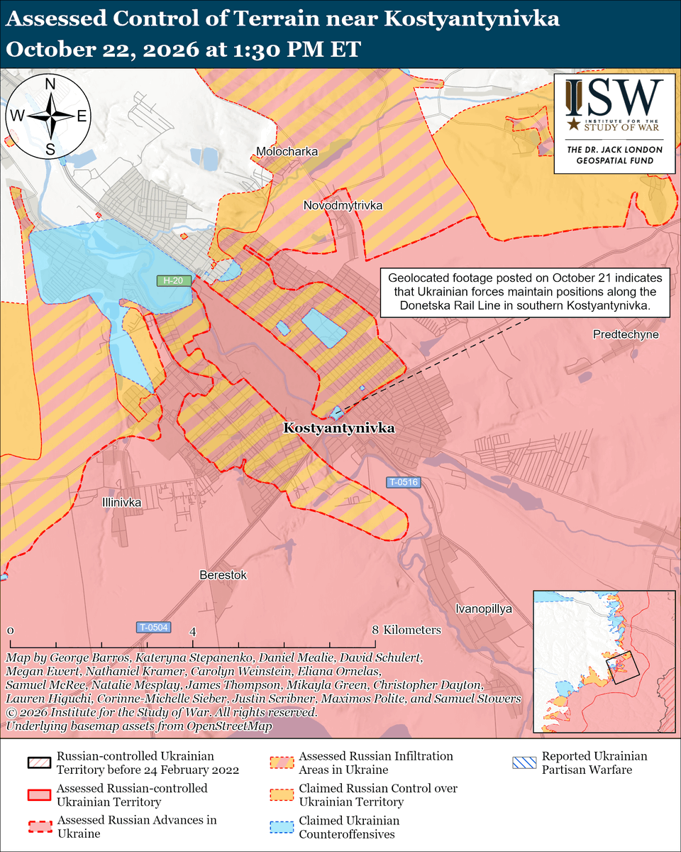 TheStudyofWar's tweet photo. NEW: The Kremlin's seeming interest in negotiations aims not to end the war in Ukraine but rather to secure economic concessions from the United States such that Russia can continue funding its war.

Other Key Takeaways:

The Kremlin is fundamentally interested only in buying time to resolve the war on the battlefield while Russia simultaneously reaps the benefits of economic cooperation with the United States.

Russian forces are not winning on the battlefield, however, particularly as Ukrainian forces have stymied the planned Russian offensive to seize Donetsk Oblast.

The Kremlin is likely actively seeking economic cooperation with the United States as Russia faces significant financial strain.

Russian forces conducted a massive missile and drone strike against Ukraine overnight on October 21 to 22 following the October 21 meeting between Witkoff and Putin- a continuation of Russia’s pattern of launching large strike packages in the days before and after major peace talks.

Russian forces struck Kyiv City with cluster munitions to purposely harm the civilian population, likely as part of wider Russian efforts to distract from Ukraine’s recent battlefield successes and ultimately force Ukraine into capitulation by making daily life untenable.

Ukrainian forces recently advanced south of Vovchansk and in southern Kostyantynivka.

Ukrainian forces continued their long-range strike campaign against Russian military assets on October 21 and overnight on October 21 to 22.