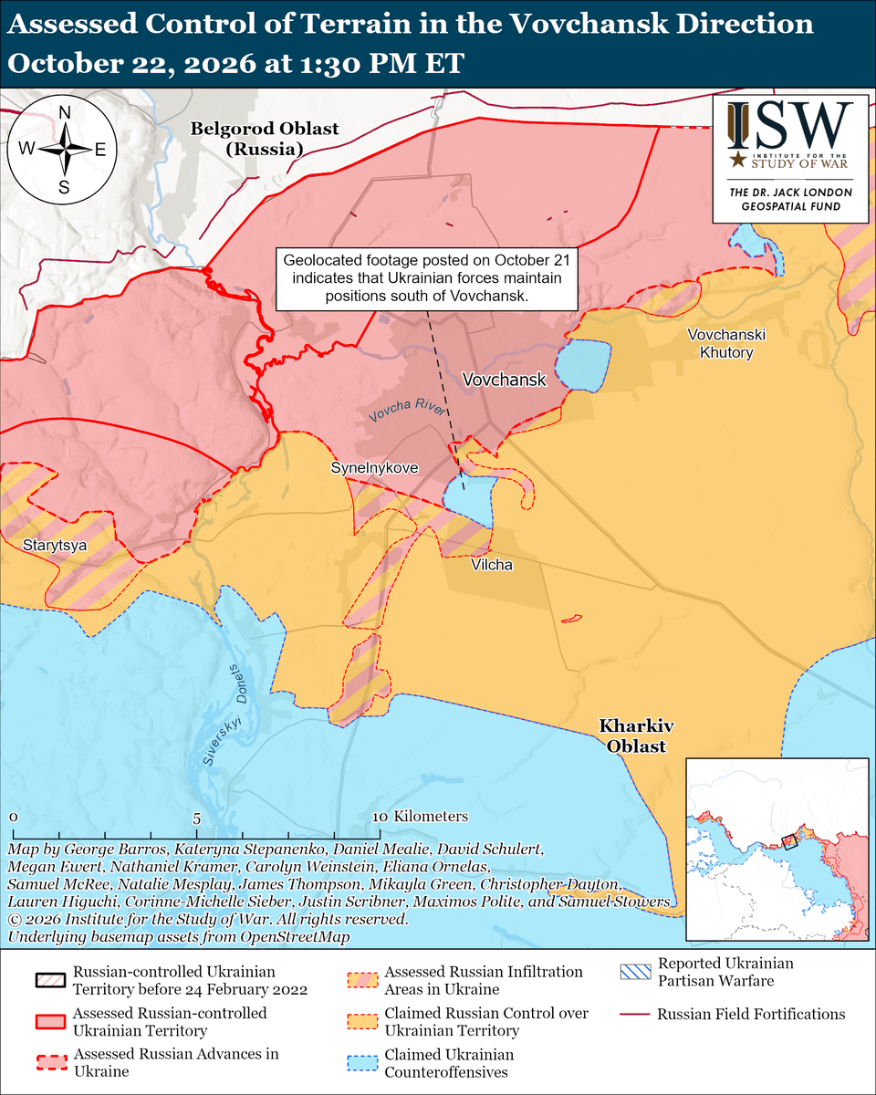 TheStudyofWar's tweet photo. NEW: The Kremlin's seeming interest in negotiations aims not to end the war in Ukraine but rather to secure economic concessions from the United States such that Russia can continue funding its war.

Other Key Takeaways:

The Kremlin is fundamentally interested only in buying time to resolve the war on the battlefield while Russia simultaneously reaps the benefits of economic cooperation with the United States.

Russian forces are not winning on the battlefield, however, particularly as Ukrainian forces have stymied the planned Russian offensive to seize Donetsk Oblast.

The Kremlin is likely actively seeking economic cooperation with the United States as Russia faces significant financial strain.

Russian forces conducted a massive missile and drone strike against Ukraine overnight on October 21 to 22 following the October 21 meeting between Witkoff and Putin- a continuation of Russia’s pattern of launching large strike packages in the days before and after major peace talks.

Russian forces struck Kyiv City with cluster munitions to purposely harm the civilian population, likely as part of wider Russian efforts to distract from Ukraine’s recent battlefield successes and ultimately force Ukraine into capitulation by making daily life untenable.

Ukrainian forces recently advanced south of Vovchansk and in southern Kostyantynivka.

Ukrainian forces continued their long-range strike campaign against Russian military assets on October 21 and overnight on October 21 to 22.