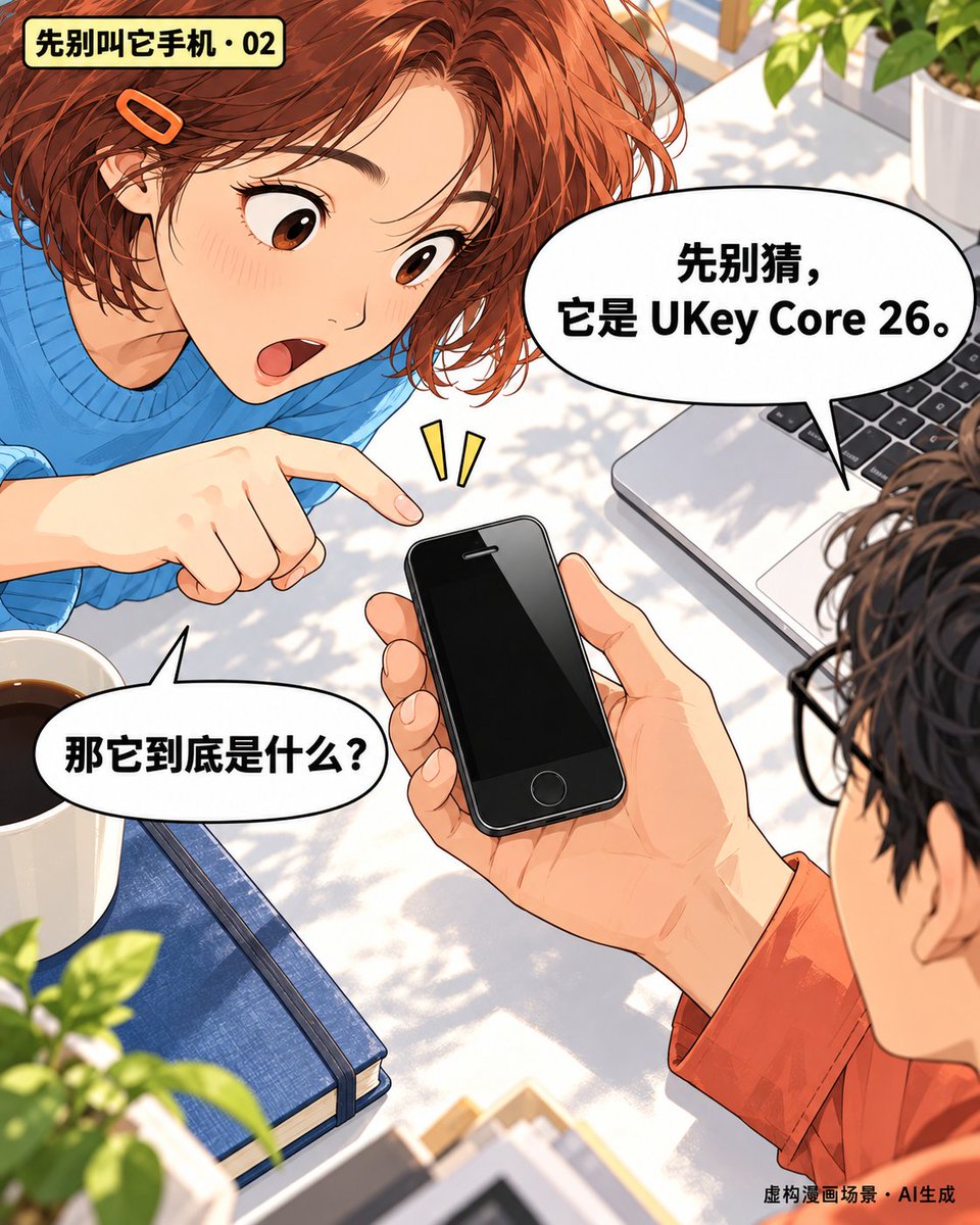 BearCake0_0's tweet photo. 「又一部手机？」漫画里的误会，就从桌角那个黑色小设备开始。圆角、屏幕、下方的圆形按键，都是熟悉的样子；名字揭晓，才知道这位是 UKey Core 26 硬件钱包。认东西的时候，外形总比名字先到一步。

Not another phone.
虚构漫画场景，AI 生成。 https://t.co/f6xrnFPART