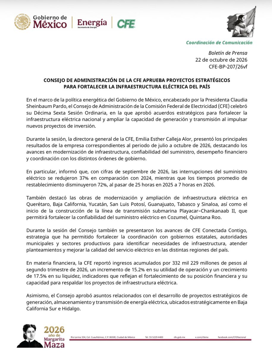 CFEmx's tweet photo. El Consejo de Administración de la CFE aprobó acuerdos estratégicos para impulsar nuevos proyectos de generación, almacenamiento y transmisión de energía eléctrica, en el marco de la política energética de la Presidenta @Claudiashein, coordinada por la Secretaria de Energía, @LuzElena_GE. 

Durante la sesión, nuestra Directora General, @EmiliaCallejaA, destacó la reducción del 37% en las interrupciones eléctricas y del 72% en el tiempo de restablecimiento.

💡 Seguimos fortaleciendo la infraestructura eléctrica para brindar un suministro más confiable a las familias mexicanas.