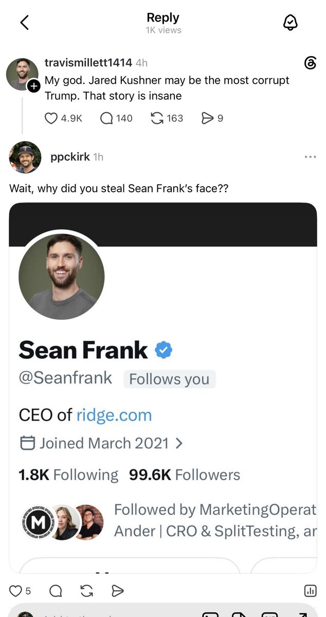 PPCKirk's tweet photo. @Seanfrank Funny you say that cause I randomly saw someone on threads (likely a bot) with your face and I called em out 😂 https://t.co/PXZjxSLmnR