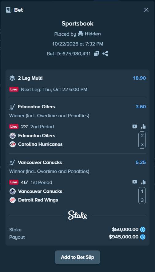 OnlyHighRoll's tweet photo. 📣 Alert! Massive Multi Bet Placed

🏒 Match: Edmonton Oilers - Carolina Hurricanes (+1 more)

💸 Stake: $50,000.00
✖️ Odds: 18.9
🏆 Est. Payout: $945,000.00

🤝 Make your bet on https://t.co/XfHCjjTfKE https://t.co/J2sM22sSN1