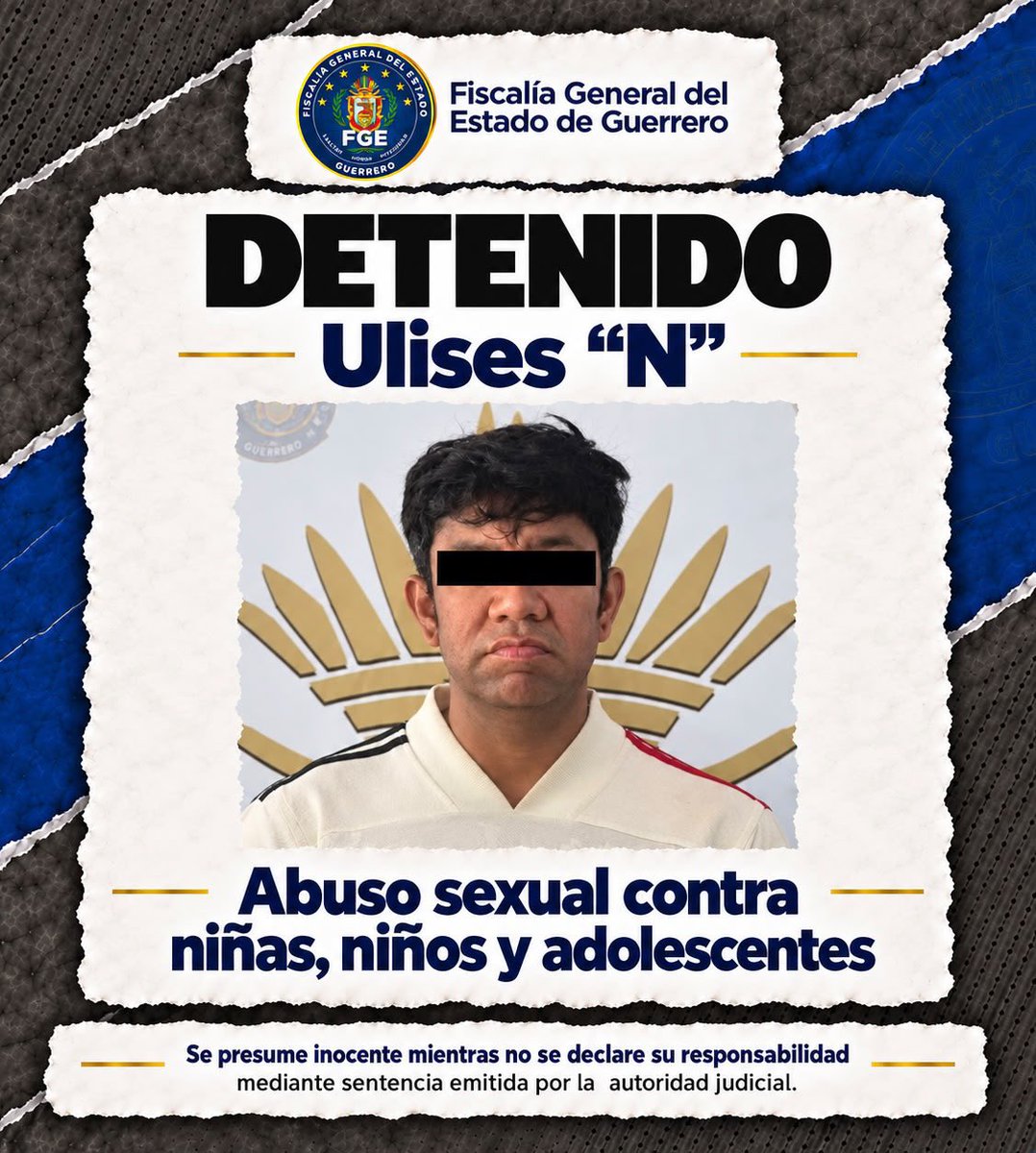 FGEGuerrero's tweet photo. La #FGEGuerrero, en coordinación con @Defensamx1, @GN_MEXICO_ y @SSPGro, cumplimentó una orden de aprehensión contra Ulises “N”, por su probable responsabilidad en el delito de abuso sexual contra niñas, niños y adolescentes, en el municipio de #AyutlaDeLosLibres.

De acuerdo con las investigaciones, los hechos ocurrieron en diciembre de 2025, en agravio de una víctima de identidad reservada.

El detenido será puesto a disposición del Juez de Control que determinará su situación jurídica.

🔗 Comunicado completo: https://t.co/ckzbJLpKGF