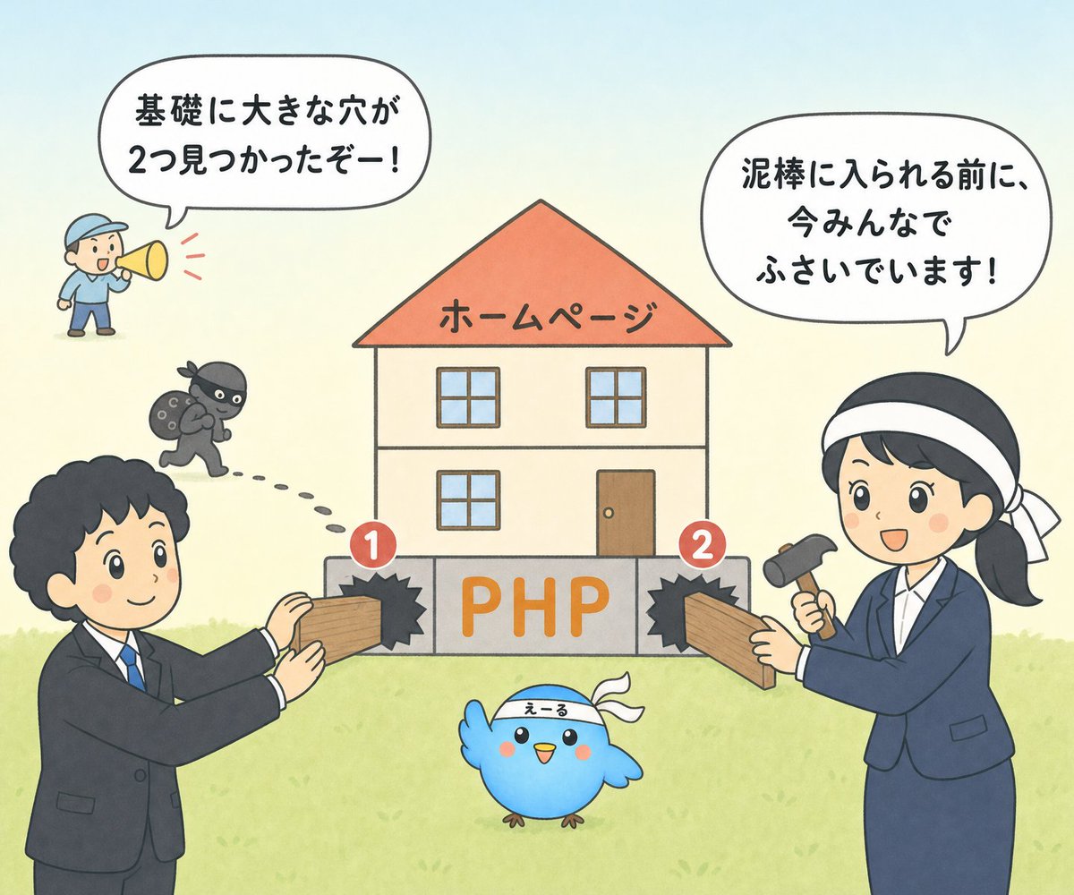 ailesystem's tweet photo. 【PHPって何？】
PHPに関するセキュリティ対応で、新人も学びの多い日々です。
部長の「家の基礎」のたとえがすごくわかりやすかったので、イラストにしてみました！
新人も、ハチマキを締め直して、引き続き頑張ります！

#PHP #セキュリティ https://t.co/oYKCwOEHIP