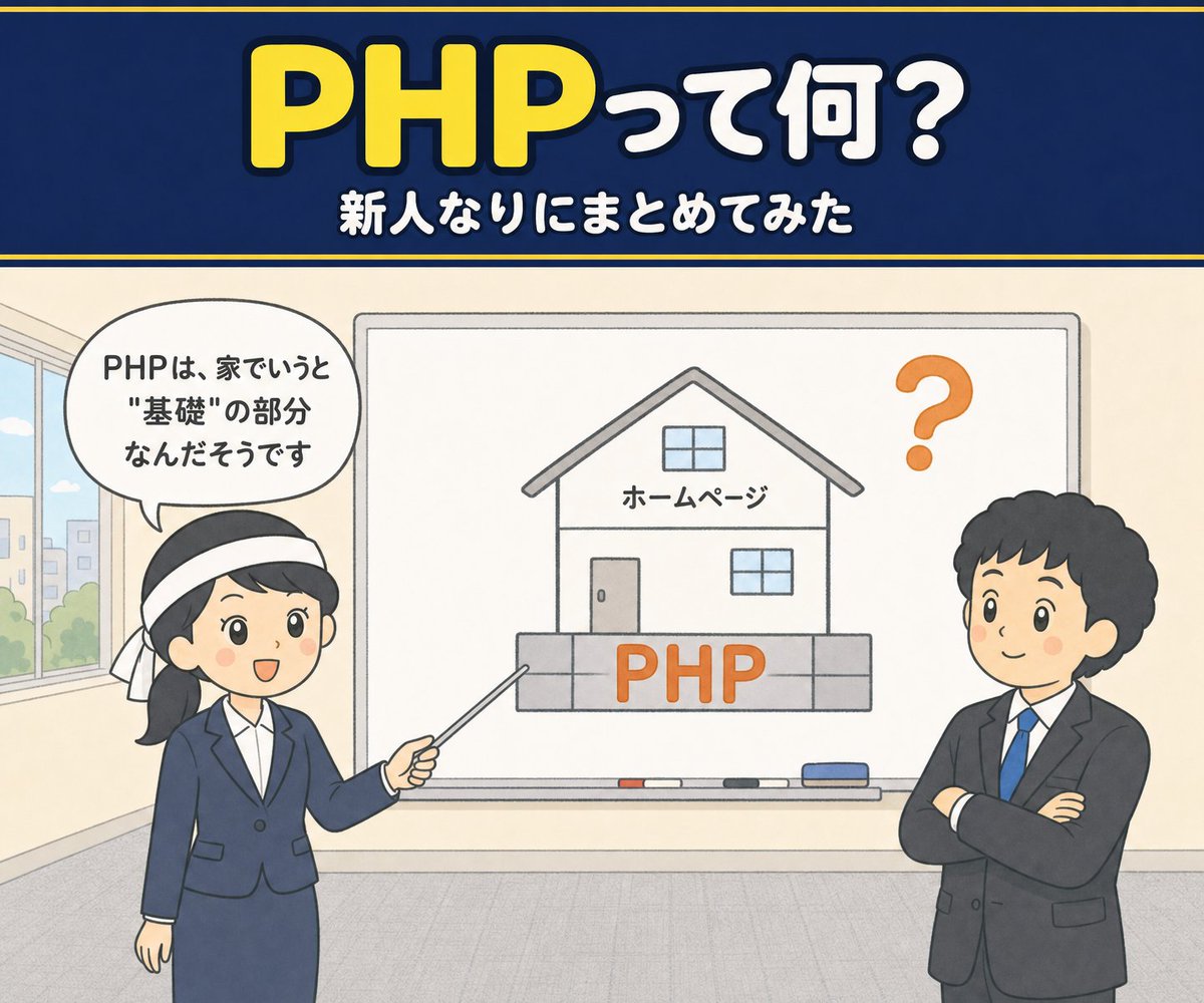 ailesystem's tweet photo. 【PHPって何？】
PHPに関するセキュリティ対応で、新人も学びの多い日々です。
部長の「家の基礎」のたとえがすごくわかりやすかったので、イラストにしてみました！
新人も、ハチマキを締め直して、引き続き頑張ります！

#PHP #セキュリティ https://t.co/oYKCwOEHIP