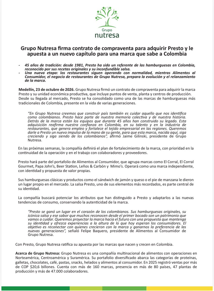 UltimaHoraCR's tweet photo. #PRIMICIA | Presto tiene nuevo dueño: el empresario Jaime Gilinski compró la cadena de restaurantes.

La empresa de hamburguesas pasará al portafolio de Nutresa, que tiene marcas como El Corral, El Corral Gourmet, Papa John's, Beer Station, Leños & Carbón y Mimo's. Con esto, se salvan más de 700 empleos.

https://t.co/74tpxZAsmP