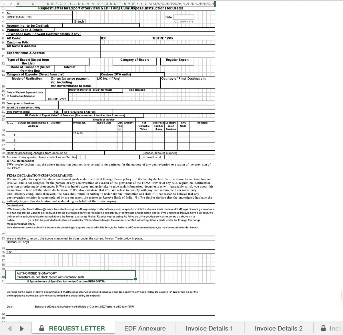 rameshsrivats's tweet photo. The EDF (Export Declaration Form) rules are now in effect, and it seems like RBI and banks have conspired to create a new hell. Or actually 5 hells.

I consult for an American company. Raised October invoice. Received the Inward remittance. And bang! Mail from @HDFC_Bank  detailing everything needed before the payment can be processed.

Let me tell you what the 5 hells are:

1.  The hell of confusion – RBI clarified last month that the EDF rules do not apply to individuals. But looks like they haven’t told the banks. And CAs also don’t seem to know. There’s no official communication on who is exempt. Last I checked, I was an individual. No company, no LLP. But HDFC still wants me to file the EDF to credit my payment.

2.  The hell of complexity – See the attached pic of the form the bank has sent in excel. It has 5 sheets. To be filled and submitted. Some abstruse acronyms like “AD” - no clue what it means. Some fields are mandatory. Some fields are to be filled by the bank. No idea which is what. And it needs a physical signature. Which leads to...

3.  The hell of paperwork - They also sent a pdf with a bunch of request letters. I’m supposed to choose the right letter, print, sign, scan and submit. Creating more paper today is incredibly silly. And, I suppose, someone in the bank will have to upload all this somewhere. Reminds me of those hand-filled immigration forms. Pointless.

4.  The hell of repetition – At least for me, most of the details are constant. One client, one payment. If it’s a one-time exercise, fine. I’ll grit my teeth and get it done. But no. These details have to be given month after month. Else… no payment will be credited.

5.  The hell of unpreparedness – It would have been simple enough for RBI or HDFC to create an online portal for this. With dropdowns, saved formats, contextual help, etc. to at least make this easy. But that would be too convenient, no? So, they’ve chosen to dump the entire burden on the taxpayer.

I have no opinion or understanding of why this is needed. Maybe it is critical information. Okay! But why make the process so confusing and painful?

And poor communication has meant that the banks have just passed on the pain to the exporter, and even CAs can’t help.

Basically RBI & HDFC feel I should consult less, and comply more. Maybe my client will also agree :)