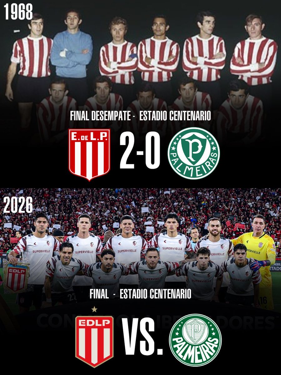 GioGutierres's tweet photo. Estudiantes de La Plata e Palmeiras fazem uma nova edição da final da Libertadores.

Em 1968, deu pincha exatamente no Estadio Centenário, palco da final em 2026.

Temos uma revanche 58 anos depois, no mesmo local.

Incrível roteiro para a final. https://t.co/FYQvNfwOQg