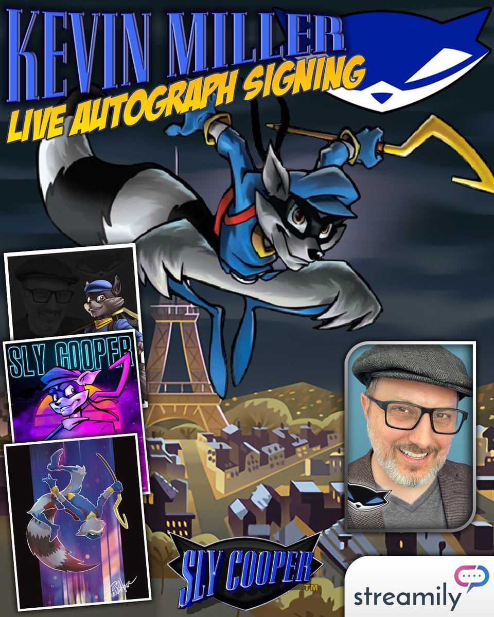 StreamilyLive's tweet photo. 🦝 SLY COOPER IS SIGNING LIVE! TIME FOR ONE MORE HEIST!

Kevin Miller, the voice of Sly Cooper, is back for a special LIVE autograph signing on November 7th! 💙

From sneaking across rooftops to pulling off heists with Bentley and Murray, Sly has been a PlayStation favorite for years!

Kevin has a collection of Sly Cooper prints available in his Streamily shop, including some holiday-themed artwork just in time for gift shopping! 🎁

Get your order in and tune in on Twitch to watch Kevin sign LIVE!

👉 https://t.co/EKOpUOTIRz

#SlyCooper #KevinMiller #PlayStation #SlyCooperGang #Streamily
