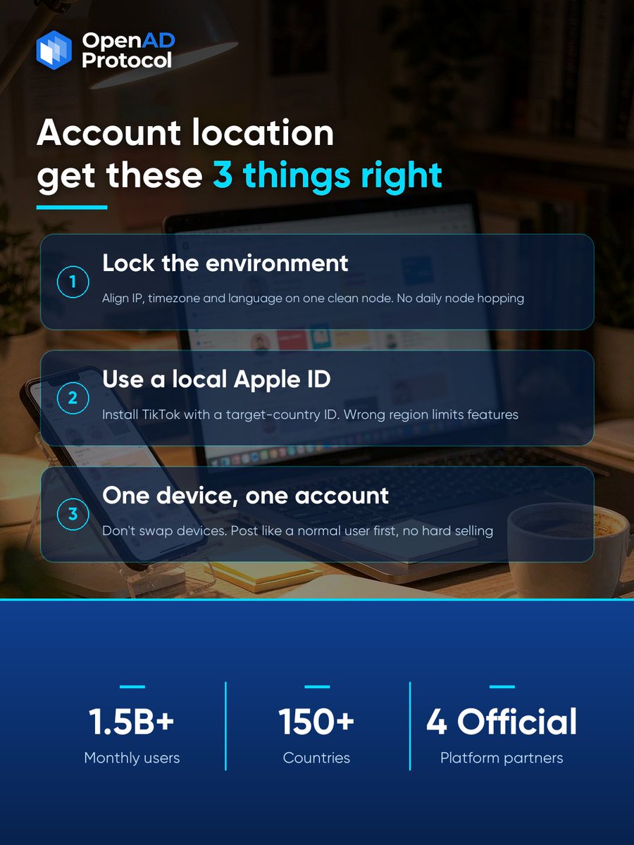 OpenAD_Protocol's tweet photo. Mess Up Your Account Location And Nothing You Post Gets Traffic

Account built, a few videos posted, views stuck at 0? We did that too 😅 The problem usually isn't your content, it's your account location.🗺️

The second you register, TikTok records your environment. IP, timezone, system language, App Store region. Run a local SIM plus node-hopping every day and the platform flags you as "abnormal" — then everything gets throttled.

So the first job isn't filming. It's the foundation
① lock one clean target-country environment with IP, timezone and language aligned, no switching between the US today and SEA tomorrow
② install TikTok with a target-country Apple ID, the wrong region limits features
③ one device, one account — don't swap around
④ warm the account up like a normal user before any hard promo.

Get the foundation crooked and everything on top stays crooked. 

Follow us 👀 and build it right.

#OpenAD #TikTokGlobal #AccountSetup #NetworkEnvironment #OverseasGrowth
