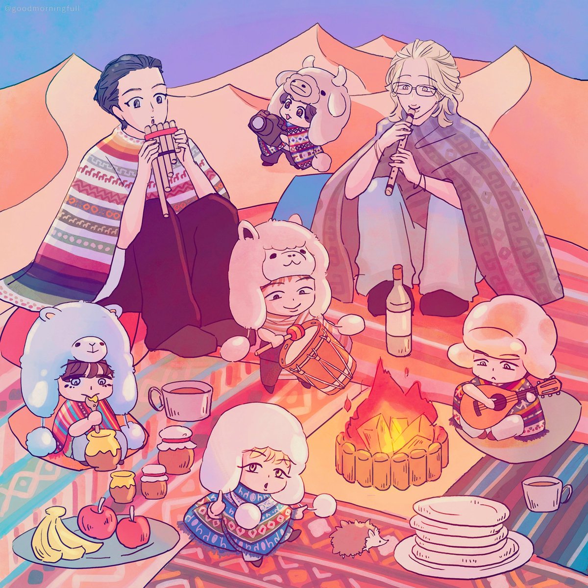 goodmorningfull's tweet photo. 砂漠でピクニックなポンチョバンタン🐪

#btsfanart https://t.co/v7h5Vfq4wK