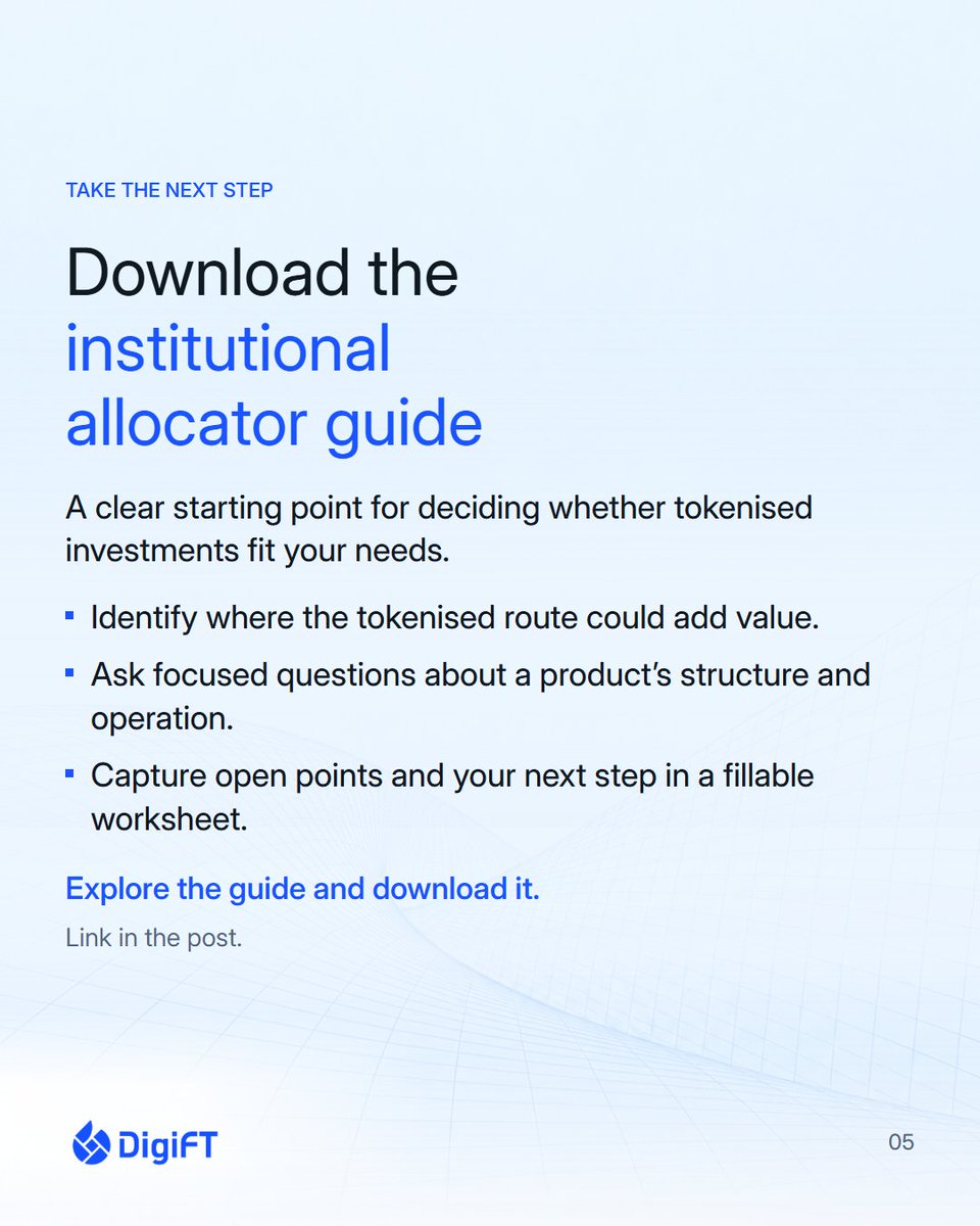 DigiFTTech's tweet photo. Less tokenisation jargon. A clearer next step.

Explore our institutional allocator guide, with practical questions and a fillable worksheet to complement your existing investment assessment.

Download:
https://t.co/wQfoEuNbjZ https://t.co/1QvL7SwRHG