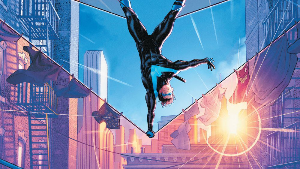 NotInHisShadow's tweet photo. “Some heroes brood on rooftops. Me? 
I prefer a mid-air handstand between the clothes lines. Keeps the blood flowing and the smile sharp. Blüdhaven’s looking pretty good today.” https://t.co/EUKlqCP7fz