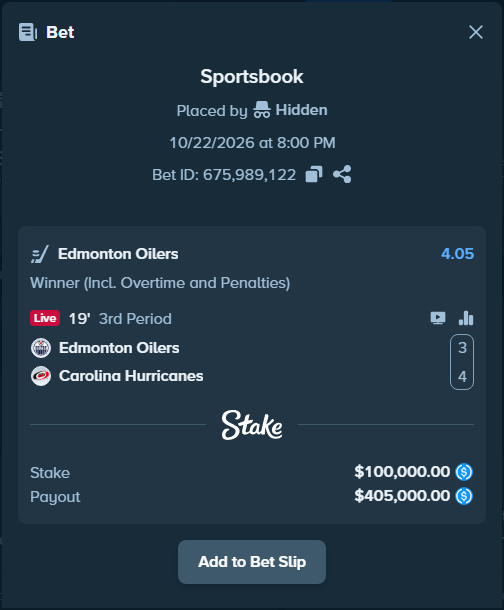 OnlyHighRoll's tweet photo. $100,000.00 placed on: 
🏒 Edmonton Oilers - Carolina Hurricanes https://t.co/EpX8Ea5lOA