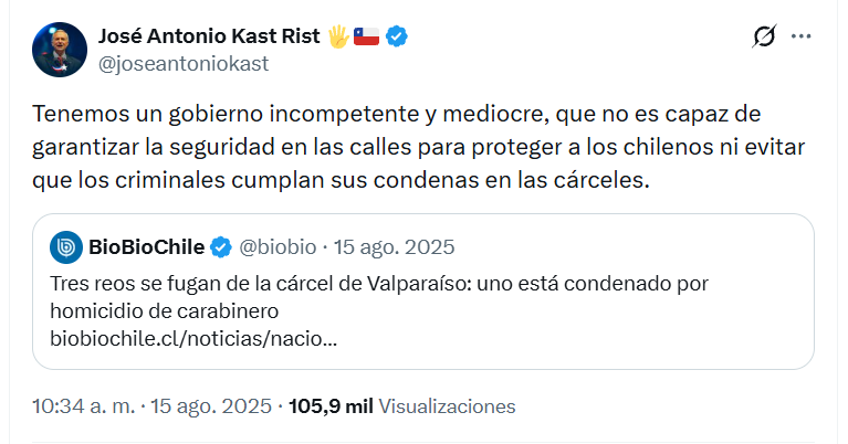 mlobosg's tweet photo. Acá @joseantoniokast le manda un recado a @PresidenteKast 
¿Cómo era eso de 
"gobierno incompetente y mediocre", 
"no garantizar la seguridad en las calles" y 
"ni evitar que los criminales cumplan sus condenas en las cárceles". https://t.co/dCgGdR3u5V