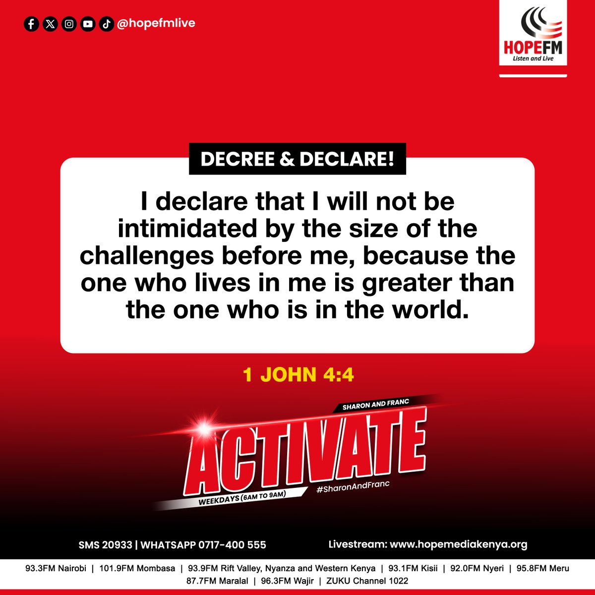 HopeFMLive's tweet photo. Let's DECLARE...!

1 John 4:4
You, dear children, are from God and have overcome them, because the one who is in you is greater than the one who is in the world.

#DecreeAndDeclare #SharonAndFranc @sharon_Naitore @Favoured_Franc https://t.co/OUi7vlbdtl